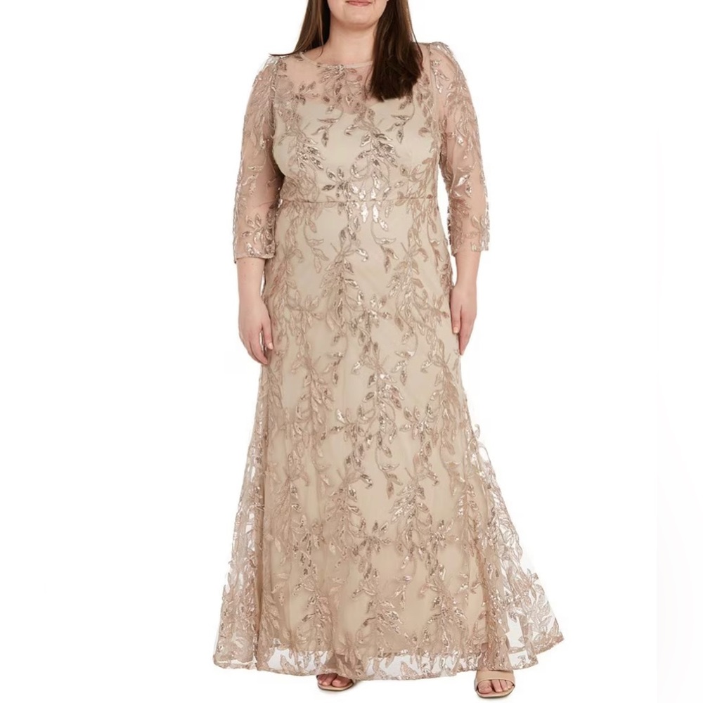 R & M Richards Plus Size 3/4 Sleeve Round Illusion Neck Embellished Sequin Gown